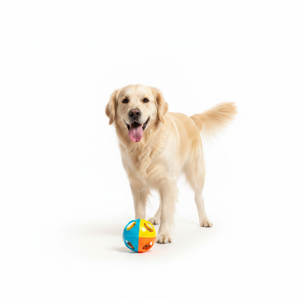 Golden retriever playing with IQ treat ball toy