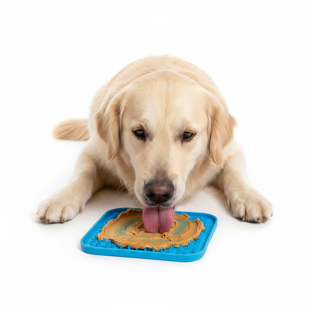Light golden retriever happily licking a square silicone lick mat